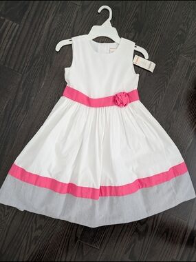 2/$50 NWT Gymboree White Dress 7 Pink Sash Flower Striped Hem